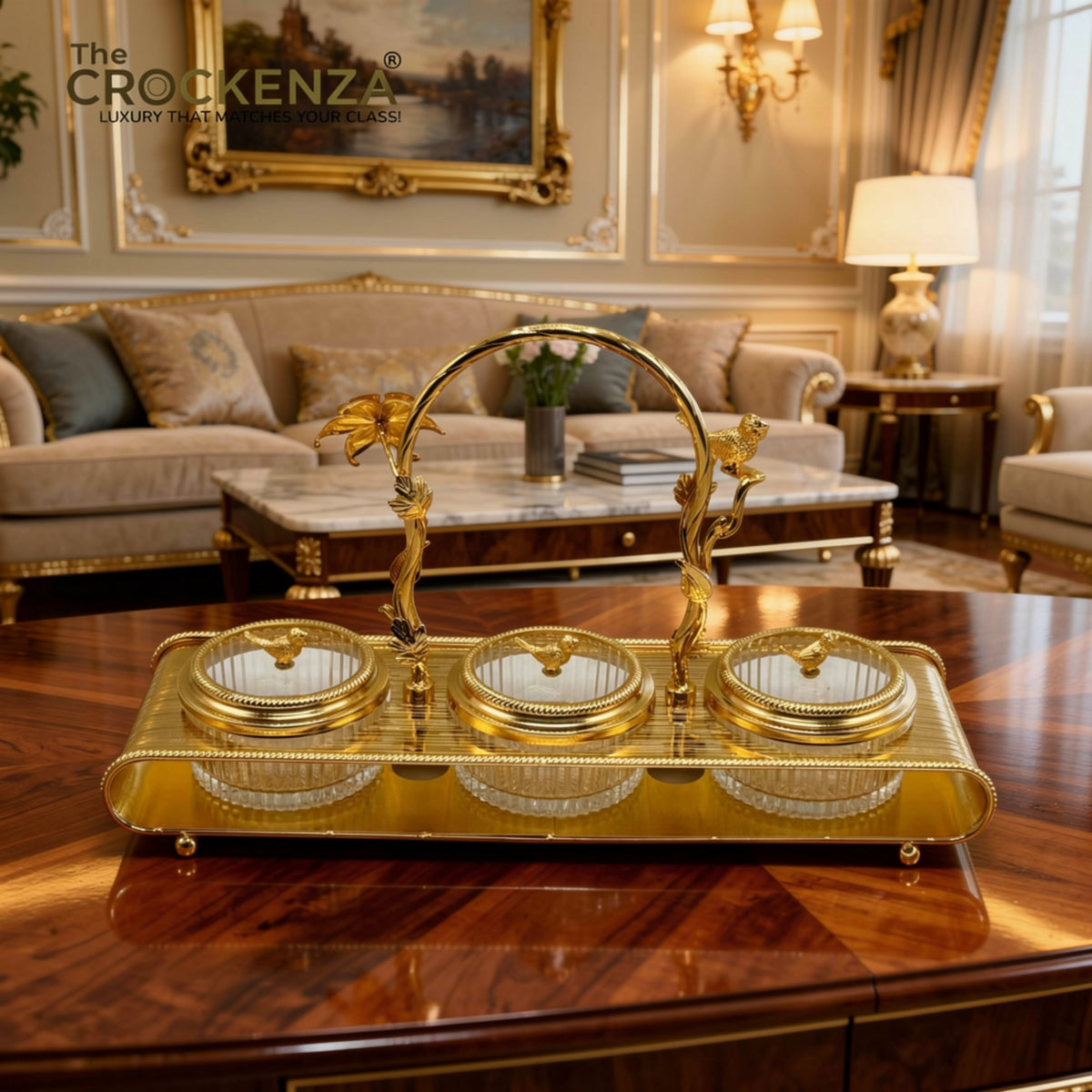 Luxury 3-Partition Dry Fruit Serving Tray with Glass Bowls & Golden Handle