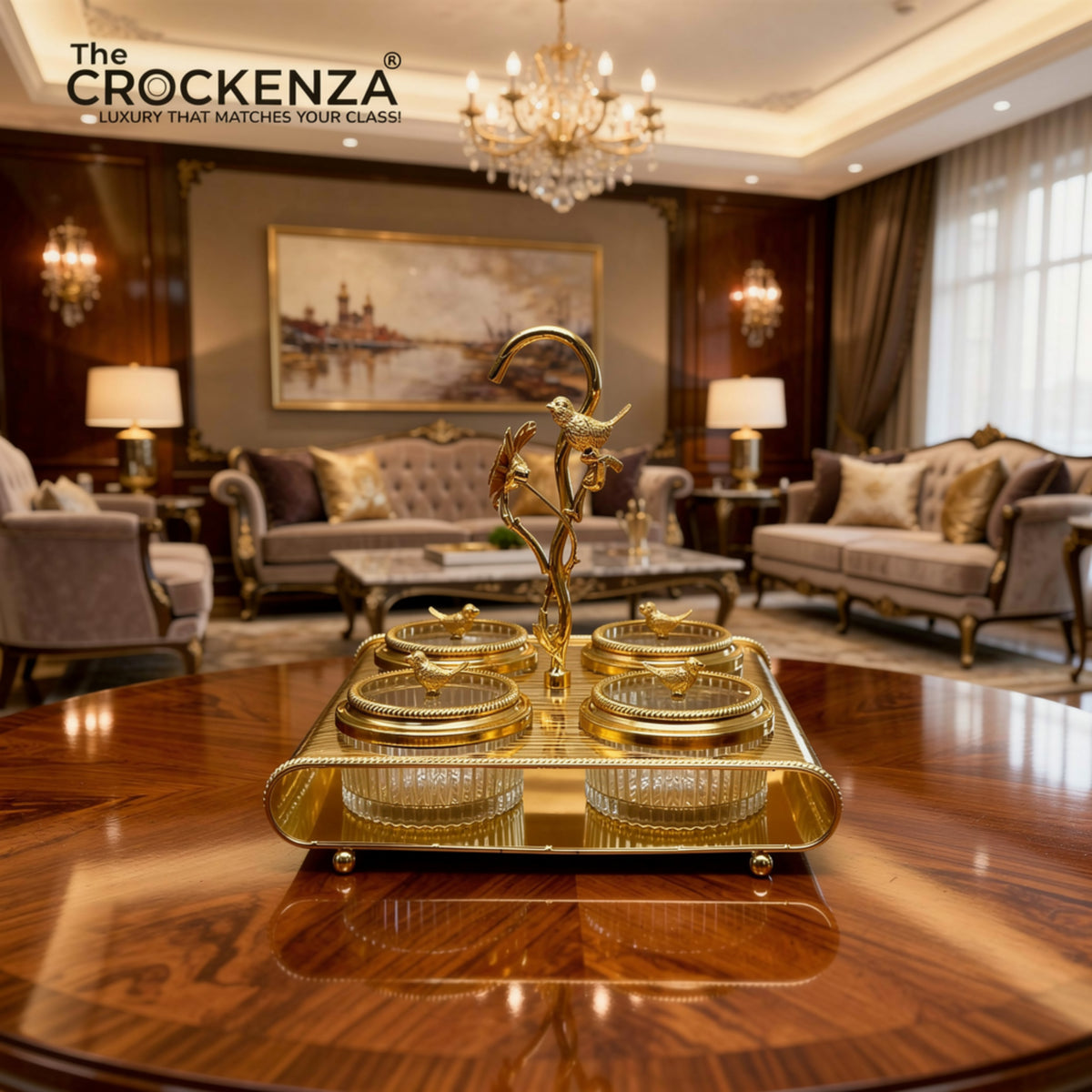 Luxury Gold 4-Partition Dry Fruit Serving Tray with Crystal Bowls & Decorative Handle