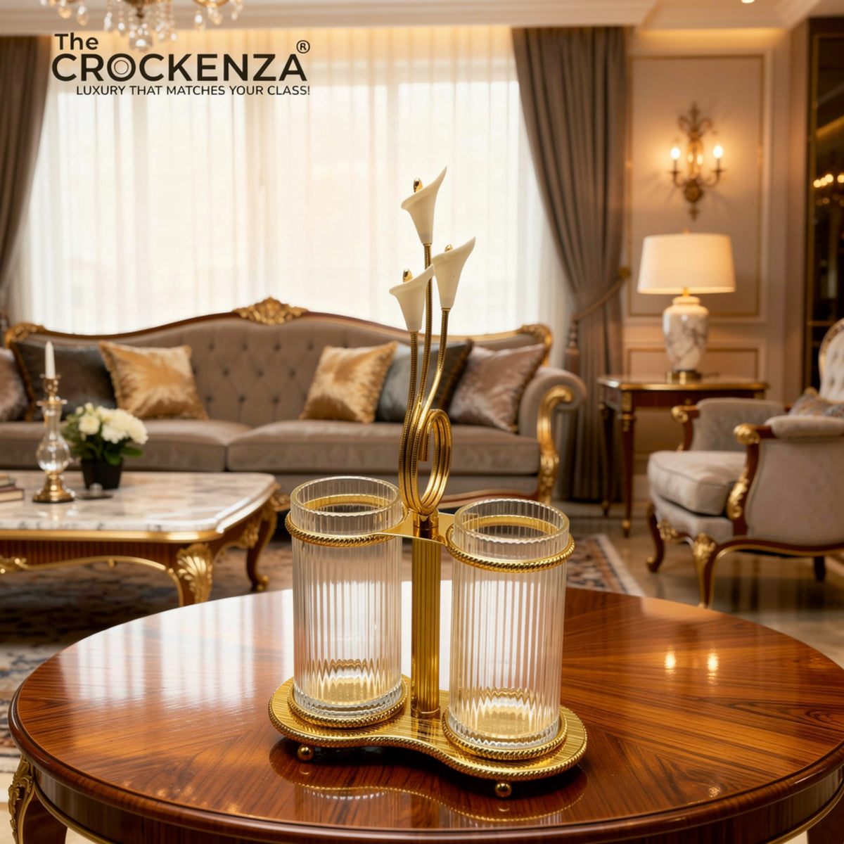 Luxury Gold Spoon Holder with Dual Glass Containers – Elegant Tabletop Cutlery Organizer