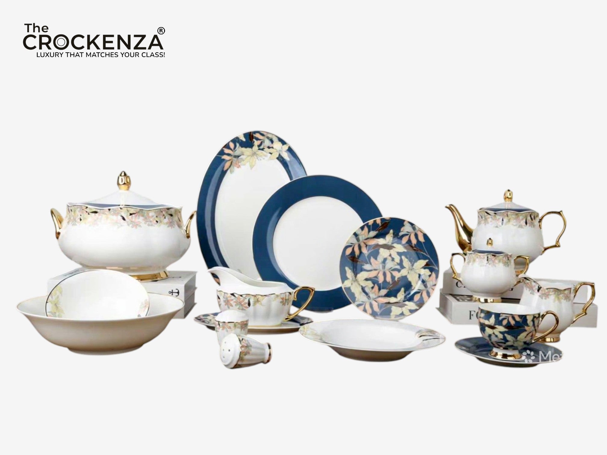 Johnson Bros Inspired Royal Floral Bone China Luxury Dinner Set | 65 & 89 Piece Royal Azure Bloom
