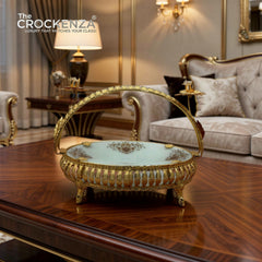 Imported Golden Serving Platter | Luxury Round Tray with Floral Handle Design