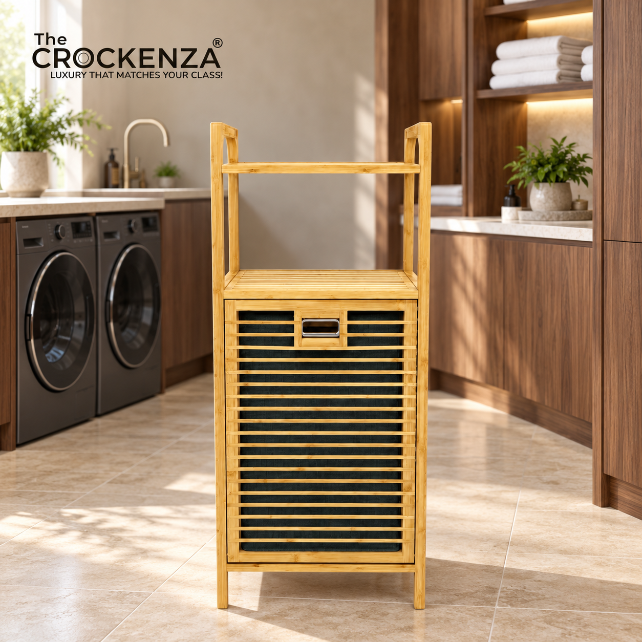 Modern Eco-Friendly Bamboo Laundry Organizer Cabinet with Shelf & Removable Inner Fabric Liner Bag