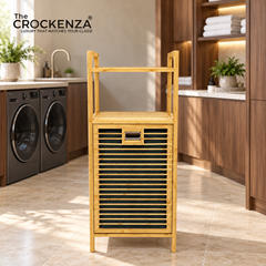 Modern Eco-Friendly Bamboo Laundry Organizer Cabinet with Shelf & Removable Inner Fabric Liner Bag