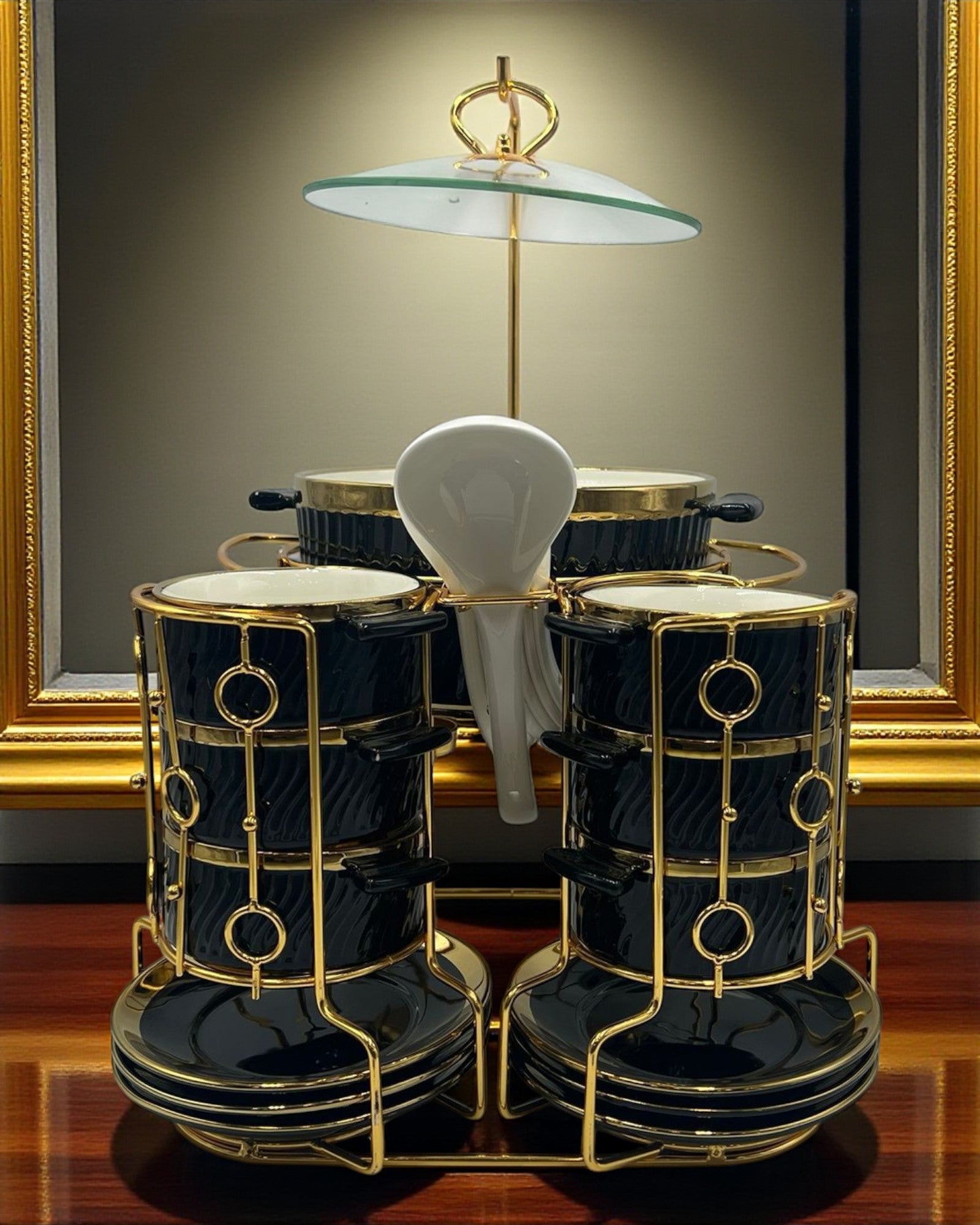 Premium Black Ceramic 22-Piece Soup Set with Gold-Plated Stand – Elegant Dinnerware Collection