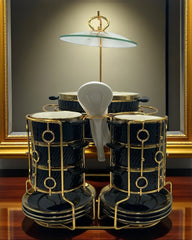 Premium Black Ceramic 22-Piece Soup Set with Gold-Plated Stand – Elegant Dinnerware Collection