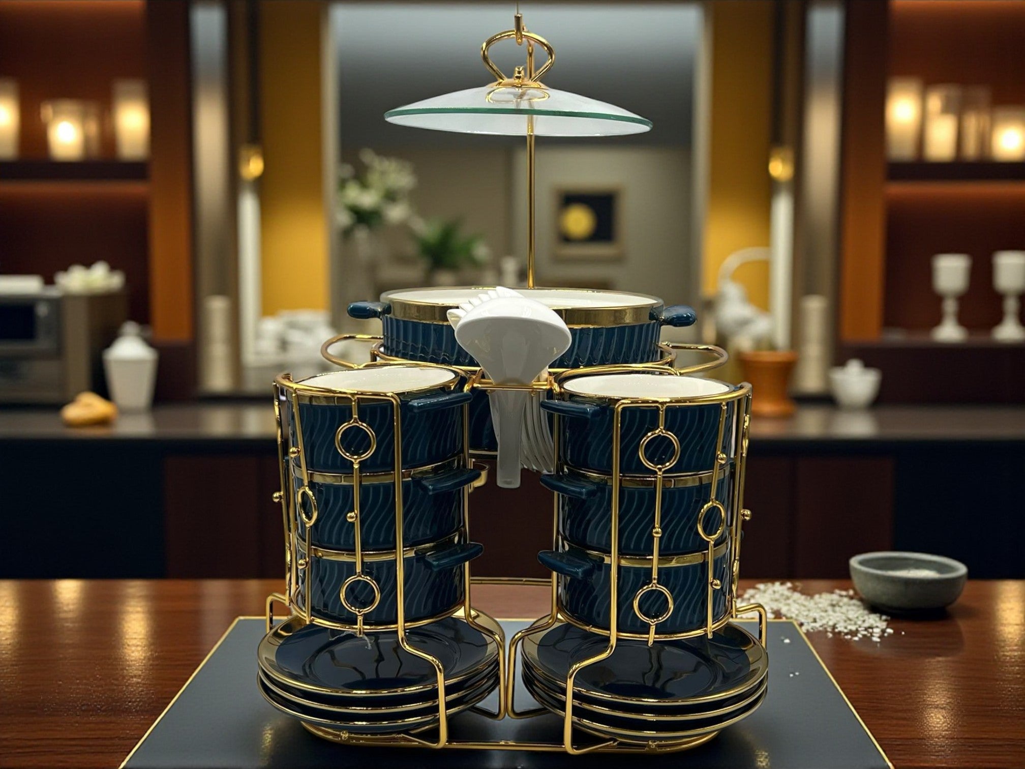 Premium Deep Blue Ceramic 22-Piece Soup Set with Gold-Plated Stand – Elegant Dinnerware Collection