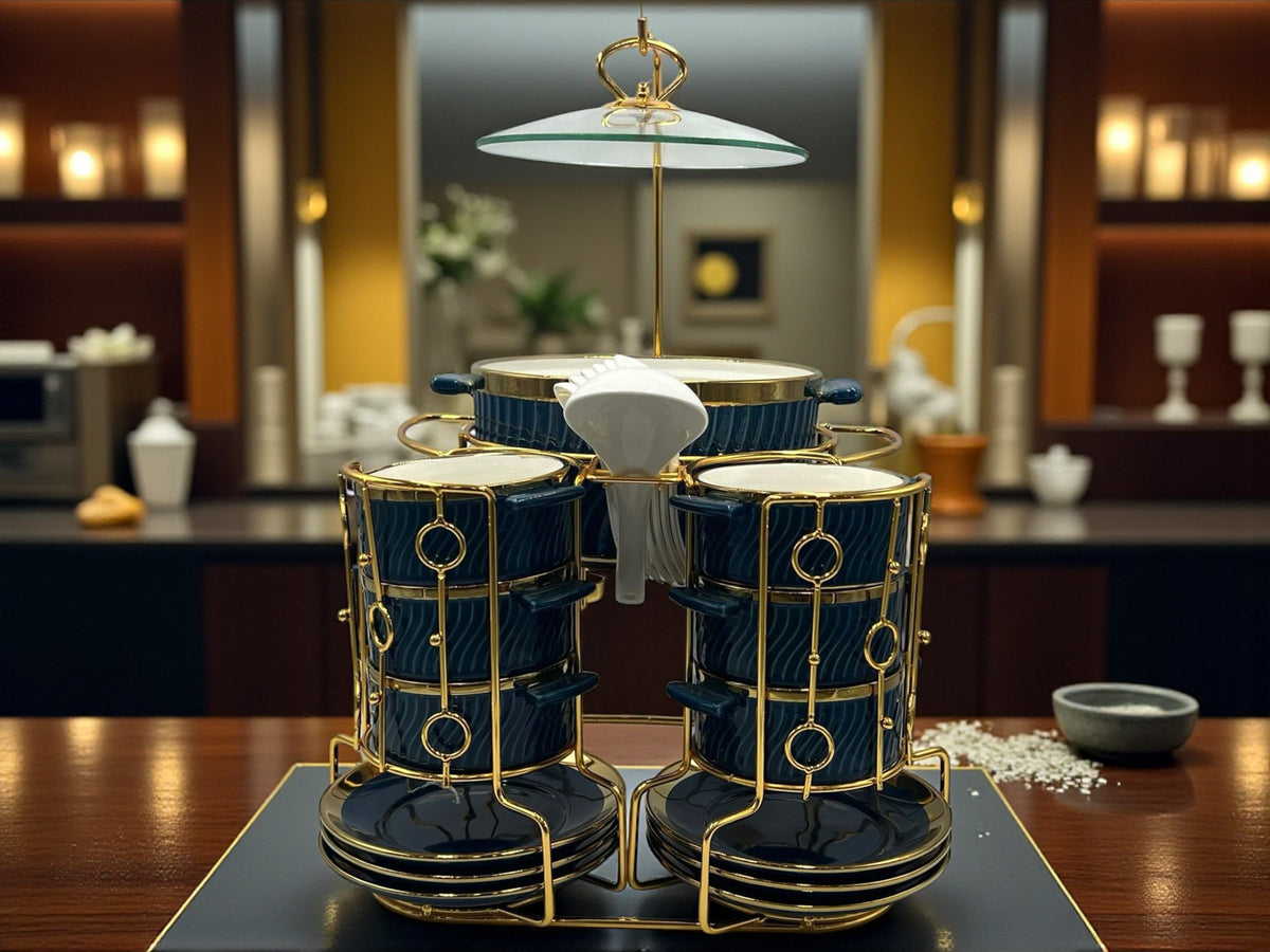 Premium Deep Blue Ceramic 22-Piece Soup Set with Gold-Plated Stand – Elegant Dinnerware Collection