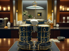 Premium Deep Blue Ceramic 22-Piece Soup Set with Gold-Plated Stand – Elegant Dinnerware Collection