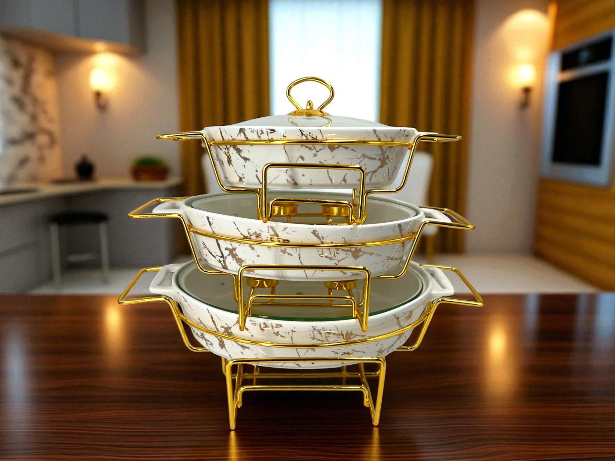Elegant Imported Oval Porcelain Serveware – White Marble with Handles & golden Matching Lid (Three Sizes)
