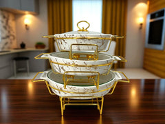 Elegant Imported Oval Porcelain Serveware – White Marble with Handles & golden Matching Lid (Three Sizes)