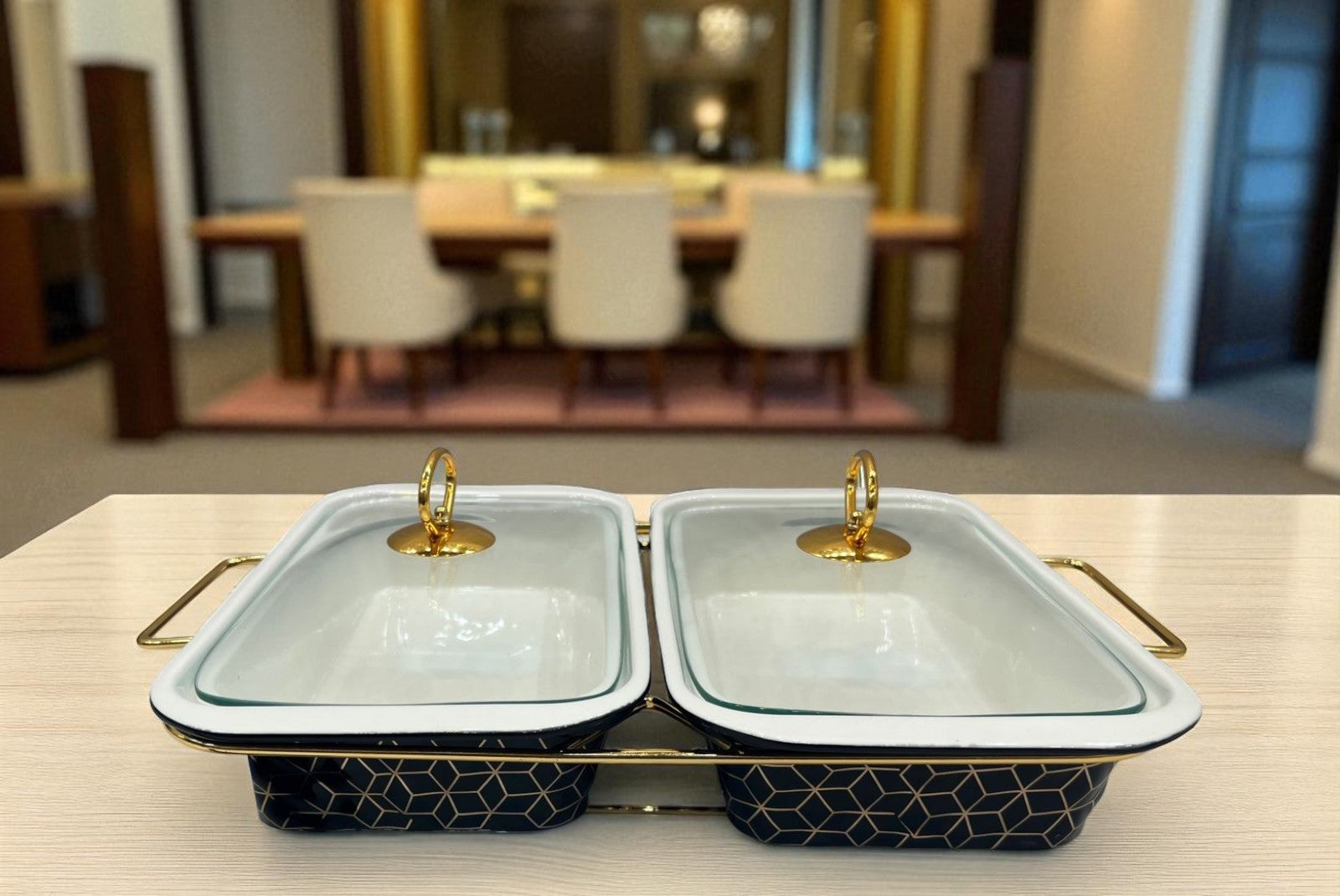 Elegant Twin Chafing Serving Dishes with Handles & Metal Stand – Black Textured Buffet Set