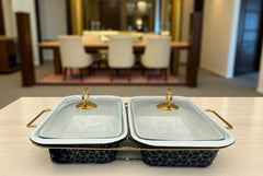 Elegant Twin Chafing Serving Dishes with Handles & Metal Stand – Black Textured Buffet Set