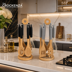 Premium Wooden Kitchen Utensil Set with Silicone Handles & Rotating Stand – 7 Piece Cooking Tool Set
