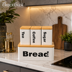 Premium Bread Box with Tea, Coffee & Sugar Canister Set – Bamboo Lid Kitchen Storage Set