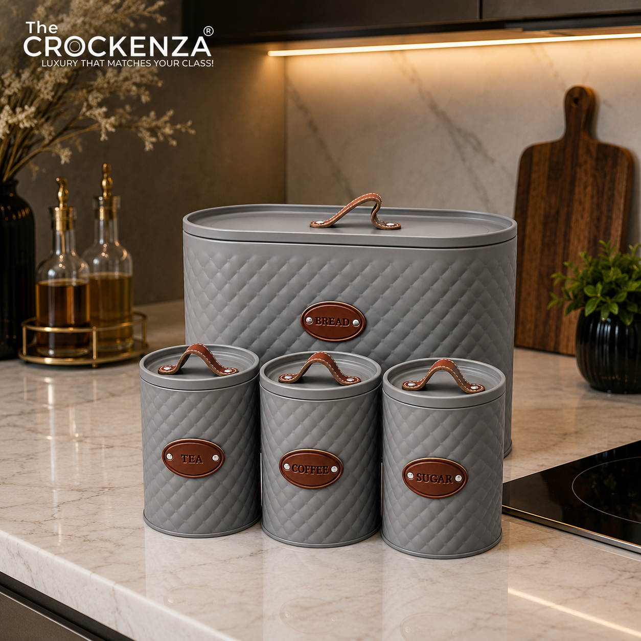 Luxury 4-Piece Bread Box & Tea Coffee Sugar Canister Set with Leather Handles – Premium Kitchen Storage Set