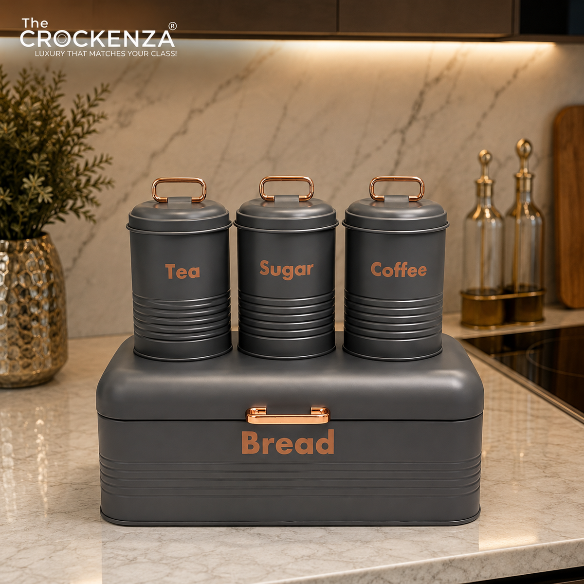 Luxury 4-Piece Bread Box & Tea Coffee Sugar Canister Set – Grey & Copper Kitchen Storage Set