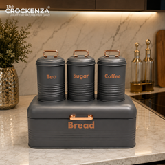 Luxury 4-Piece Bread Box & Tea Coffee Sugar Canister Set – Grey & Copper Kitchen Storage Set