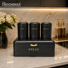 Luxury 4-Piece Bread Box & Tea Coffee Sugar Canister Set – Black & Gold Kitchen Storage Set