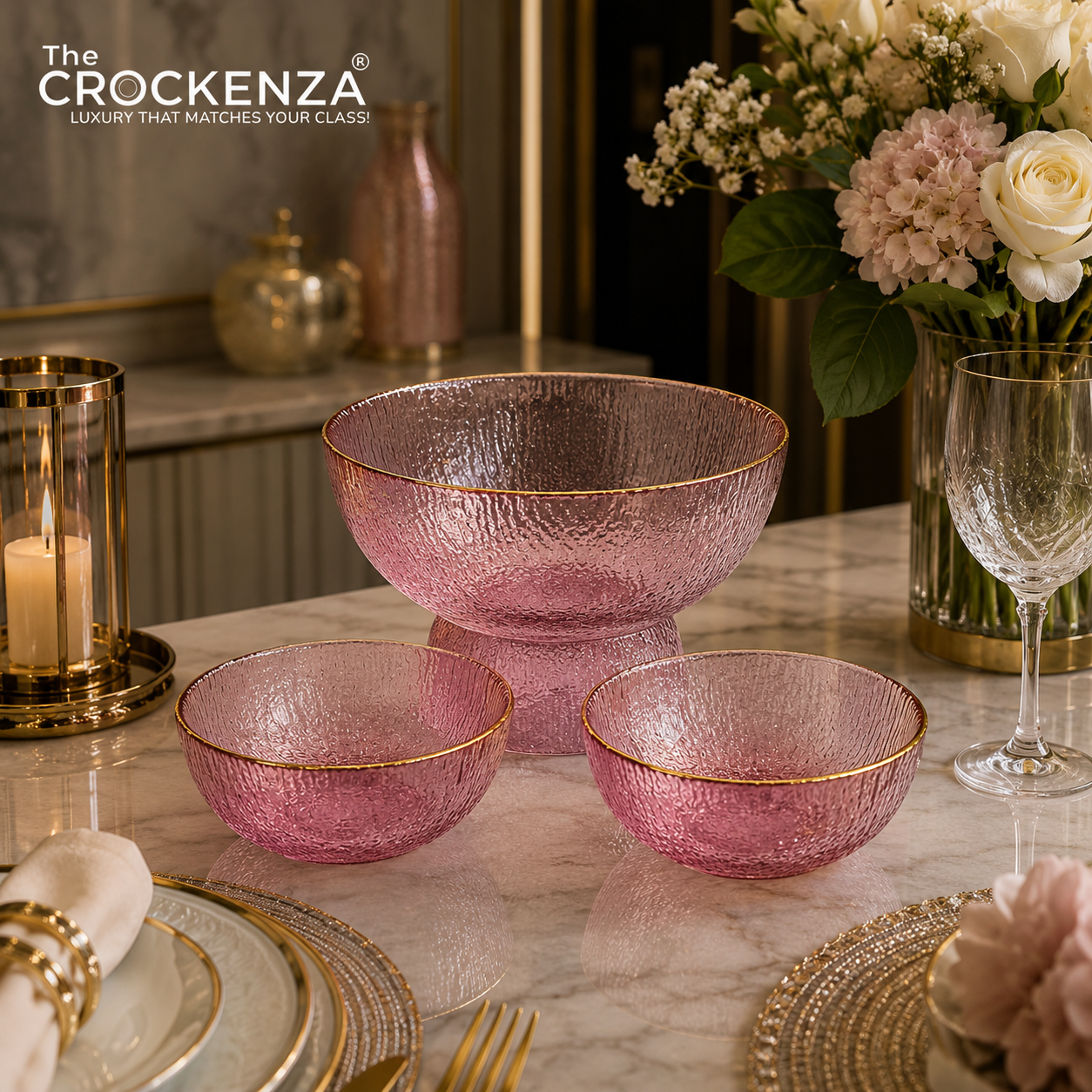 7-Piece Luxury Rose Pink Textured Glass Serving Bowl Set with Gold Rim – 1 Large & 6 Small Bowls
