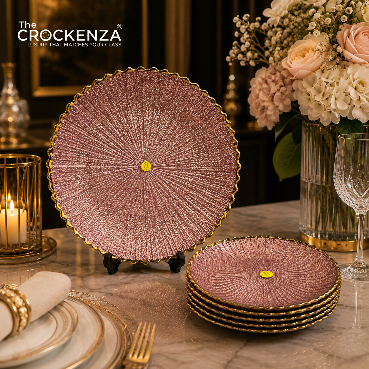 7-Piece Luxury Rose Pink Textured Glass Cake Serving Set with Gold Rim – 1 Large & 6 Dessert Plates
