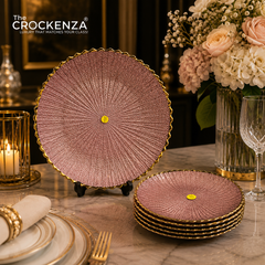 7-Piece Luxury Rose Pink Textured Glass Cake Serving Set with Gold Rim – 1 Large & 6 Dessert Plates
