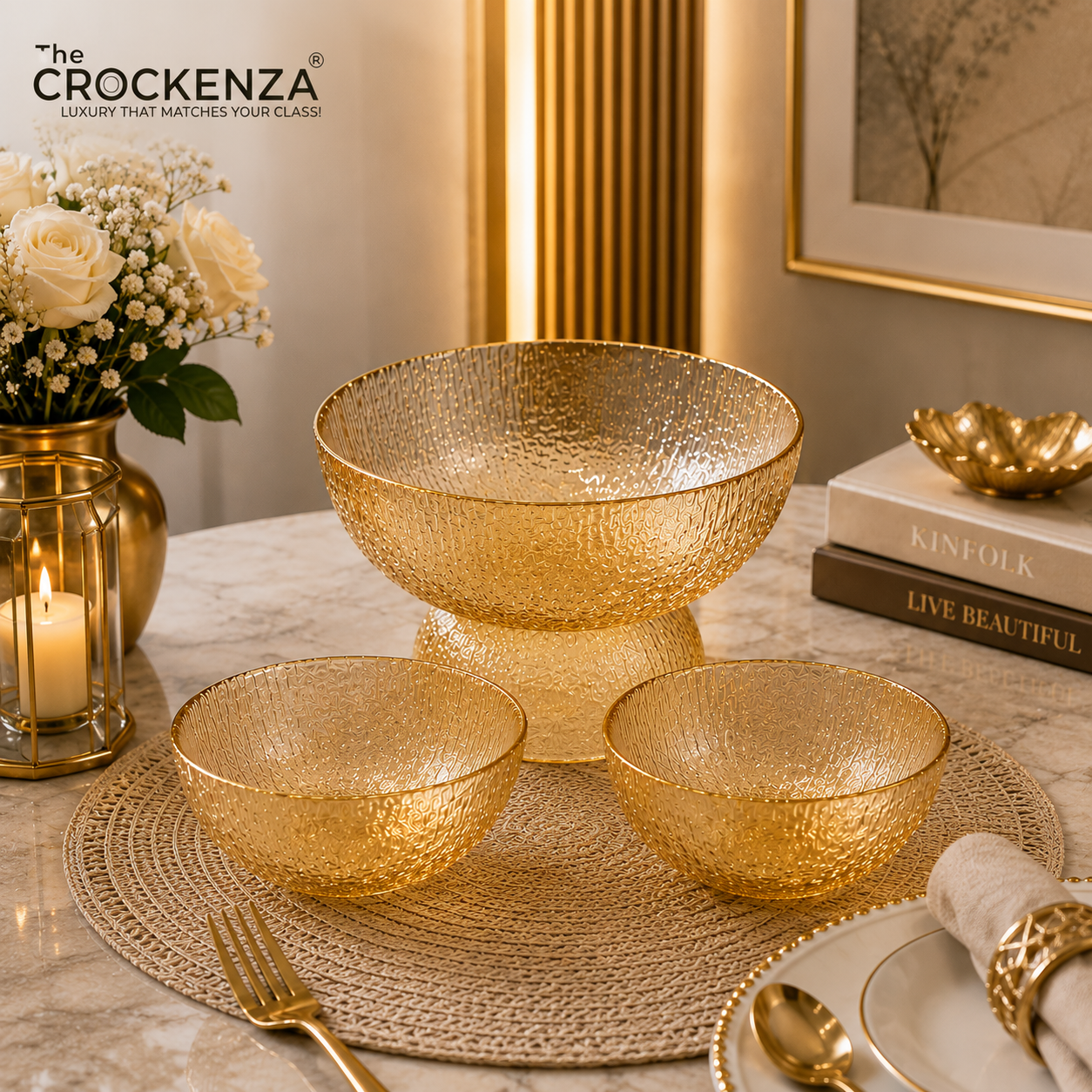 7-Piece Luxury Golden Textured Glass Serving Bowl Set – 1 Large & 6 Small Bowls