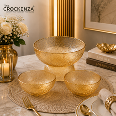 7-Piece Luxury Golden Textured Glass Serving Bowl Set – 1 Large & 6 Small Bowls
