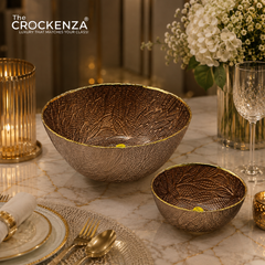 7-Piece Luxury Brown Textured Glass Serving Bowl Set with Gold Rim – 1 Large & 6 Small Bowls