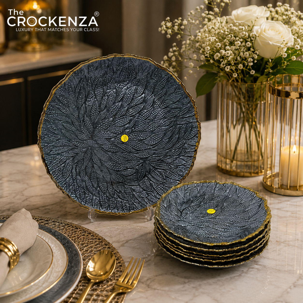 7-Piece Luxury Charcoal Black Textured Glass Fruit & Dessert Serving Set with Gold Rim – 1 Large & 6 Small Plates