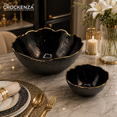 7-Piece Luxury Black Textured Glass Serving Bowl Set with Gold Rim – 1 Large & 6 Small Bowls