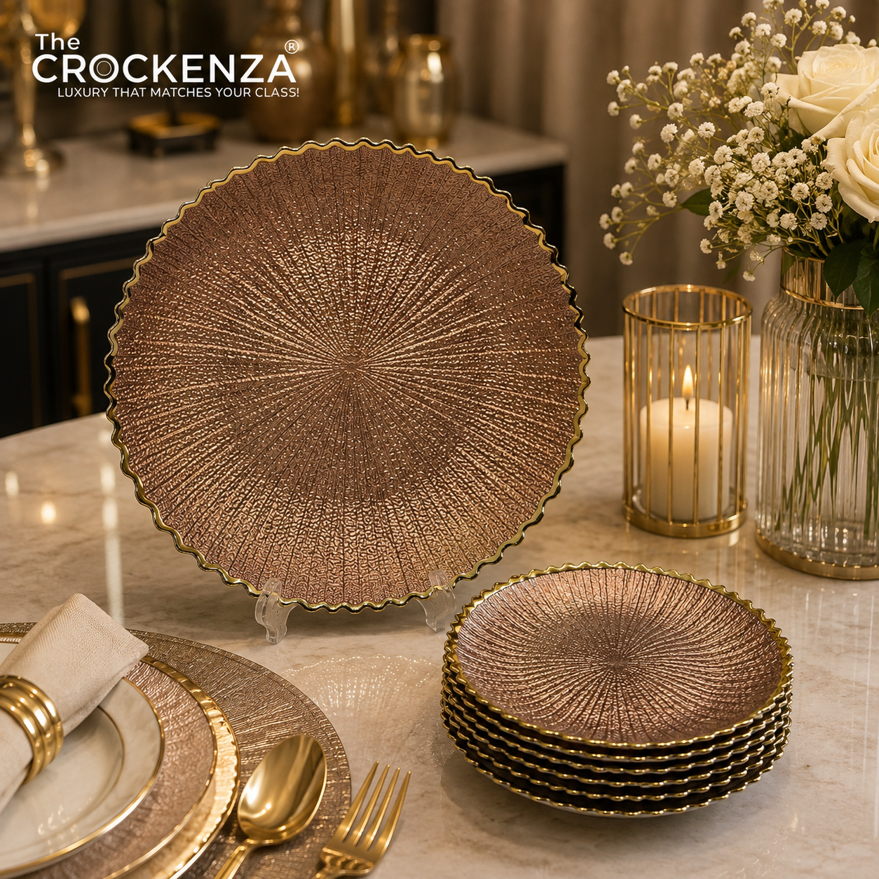 7-Piece Luxury Bronze Brown Textured Glass Cake & Dessert Serving Set with Gold Rim – 1 Large & 6 Small Plates