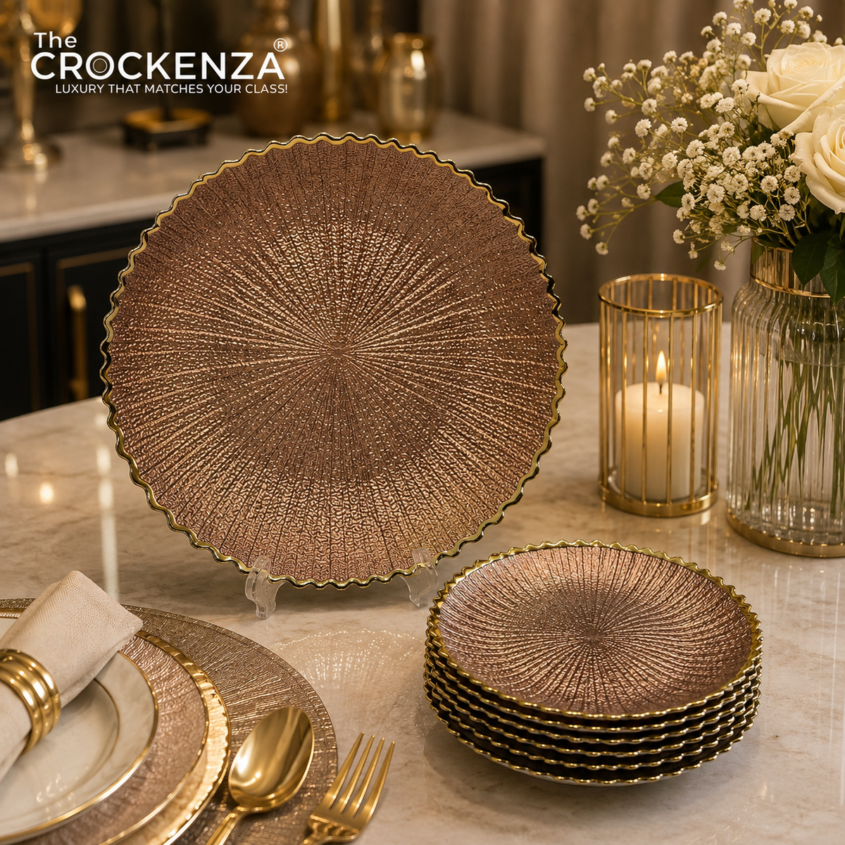 7-Piece Luxury Bronze Brown Textured Glass Cake & Dessert Serving Set with Gold Rim – 1 Large & 6 Small Plates