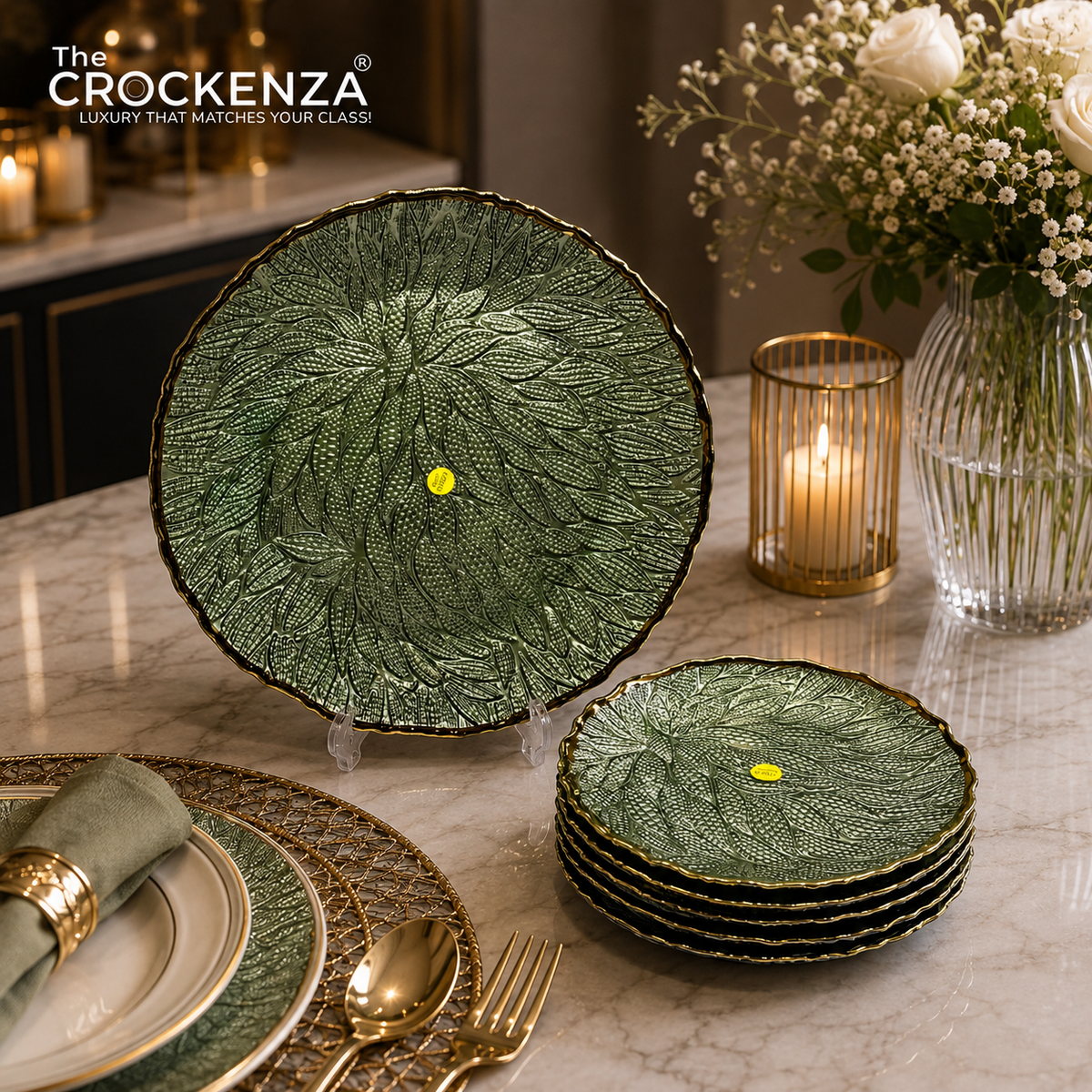 7-Piece Luxury Emerald Green Textured Glass Cake & Fruit Serving Set with Gold Rim – 1 Large & 6 Small Plates