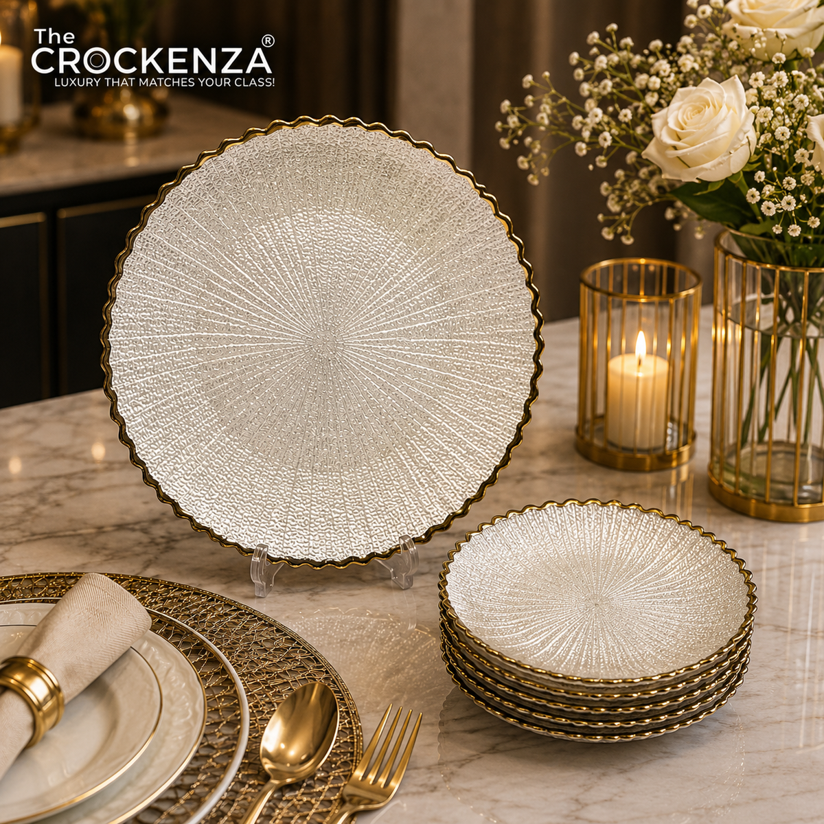 7-Piece Luxury Clear Textured Glass Cake & Dessert Serving Set with Gold Rim – 1 Large & 6 Small Plates