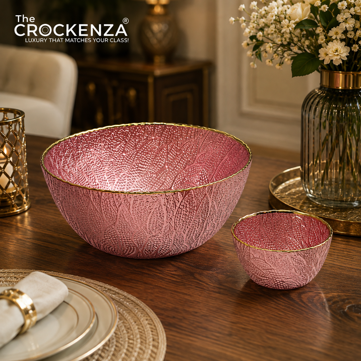 Luxury Pink Textured Glass Bowl Set with Gold Rim – 7 Piece Serving Bowl Set