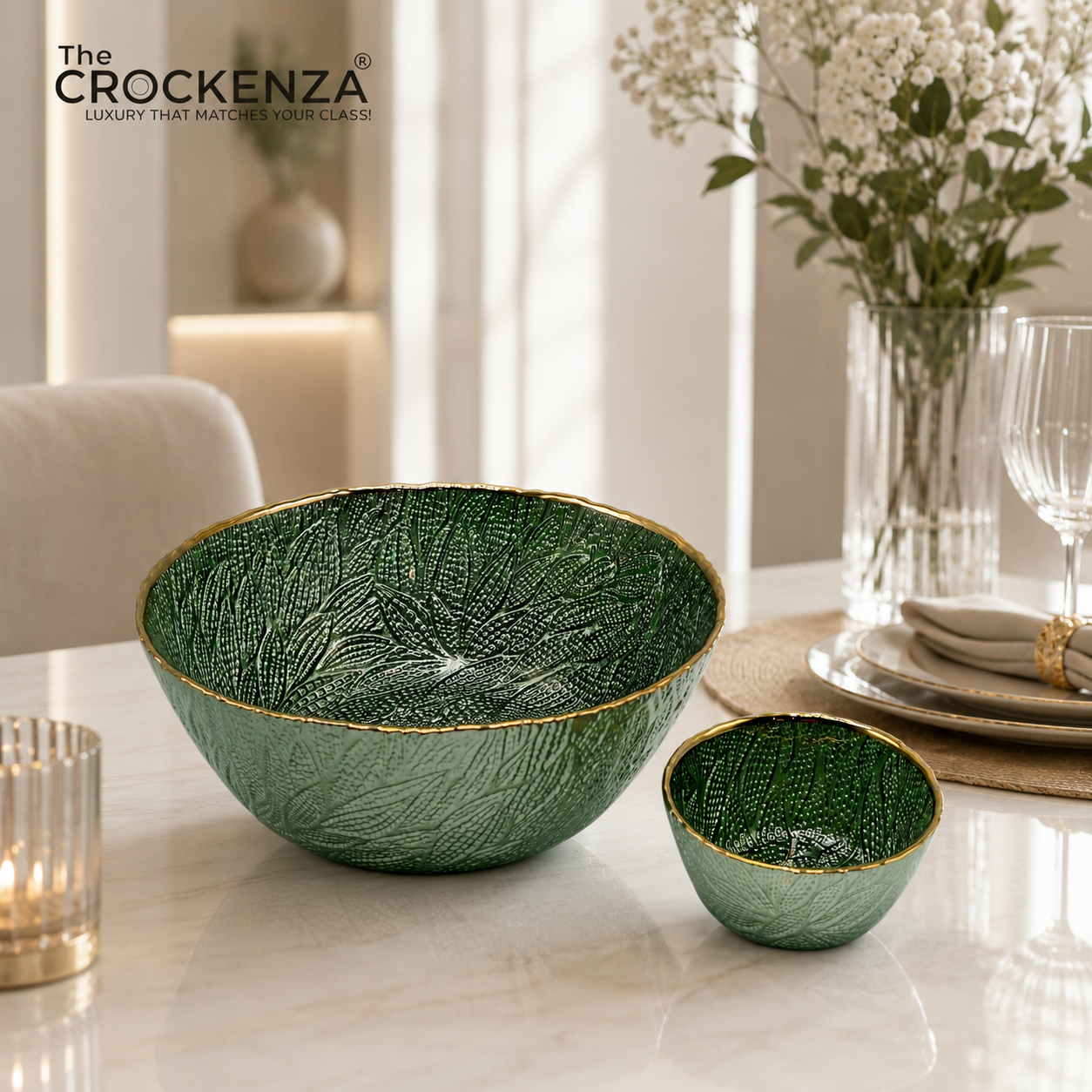 7-Piece Luxury Green Embossed Serving Bowl Set with Gold Rim – 1 Large & 6 Small Bowls