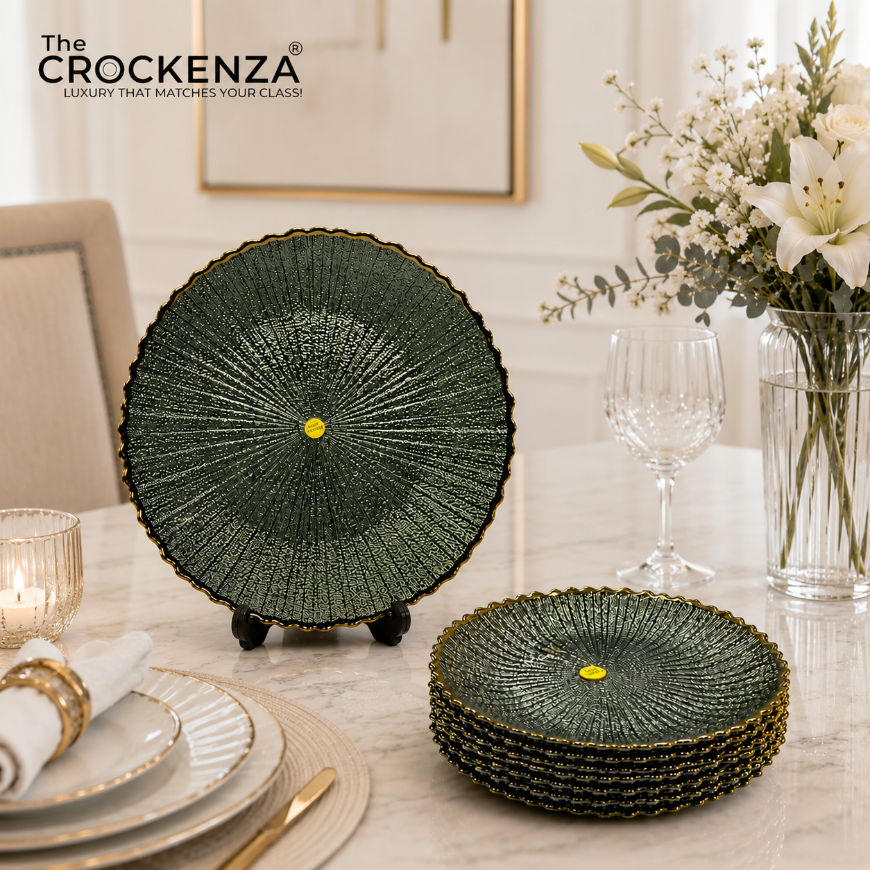7-Piece Luxury Green Cake Serving Set with Gold Rim – 1 Large Cake Plate & 6 Small Dessert Plates
