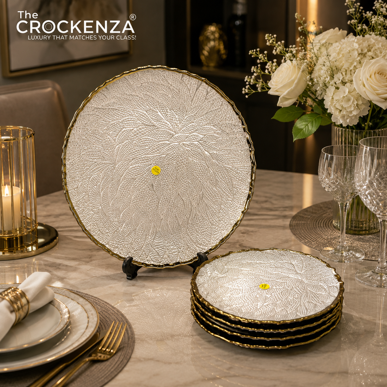 7-Piece Luxury Textured Glass Cake Serving Set with Gold Rim – 1 Large Cake Plate & 6 Dessert Plates