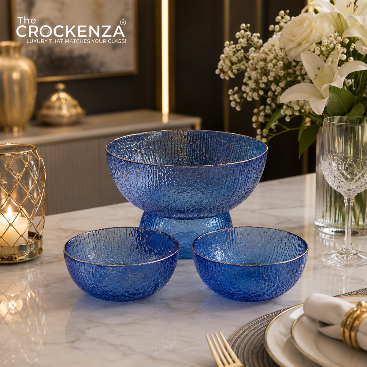 7-Piece Luxury Blue Textured Glass Serving Bowl Set with Gold Rim – 1 Large & 6 Small Bowls