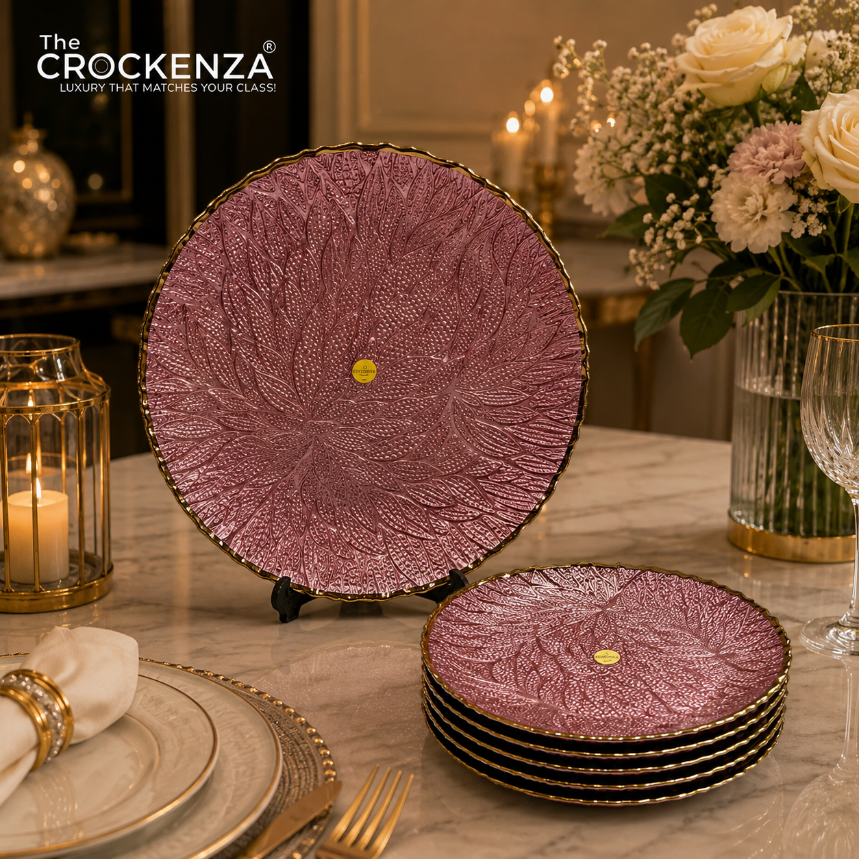 7-Piece Luxury Rose Pink Textured Glass Cake Serving Set with Gold Rim – 1 Large & 6 Dessert Plates