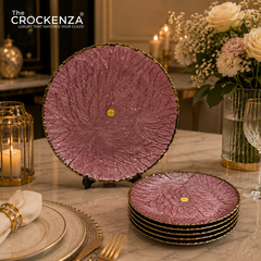 7-Piece Luxury Rose Pink Textured Glass Cake Serving Set with Gold Rim – 1 Large & 6 Dessert Plates