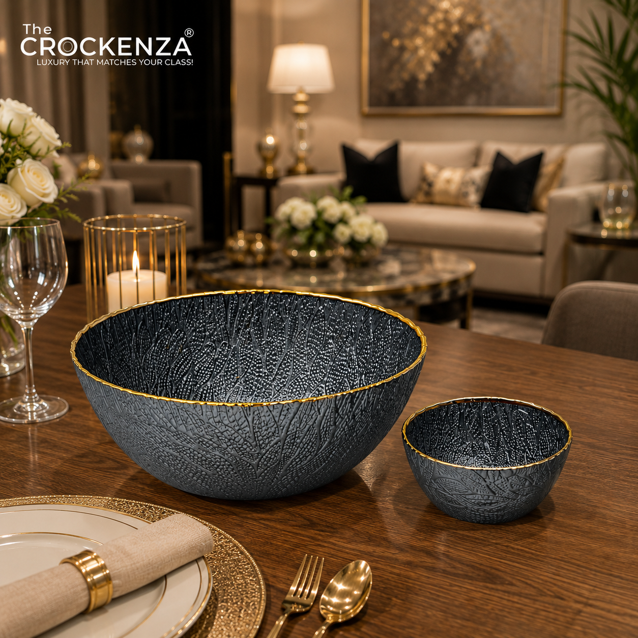 Luxury 7-Piece Blue Textured Glass Bowl Set with Gold Rim – 1 Large & 6 Small Serving Bowls