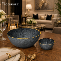 Luxury 7-Piece Blue Textured Glass Bowl Set with Gold Rim – 1 Large & 6 Small Serving Bowls