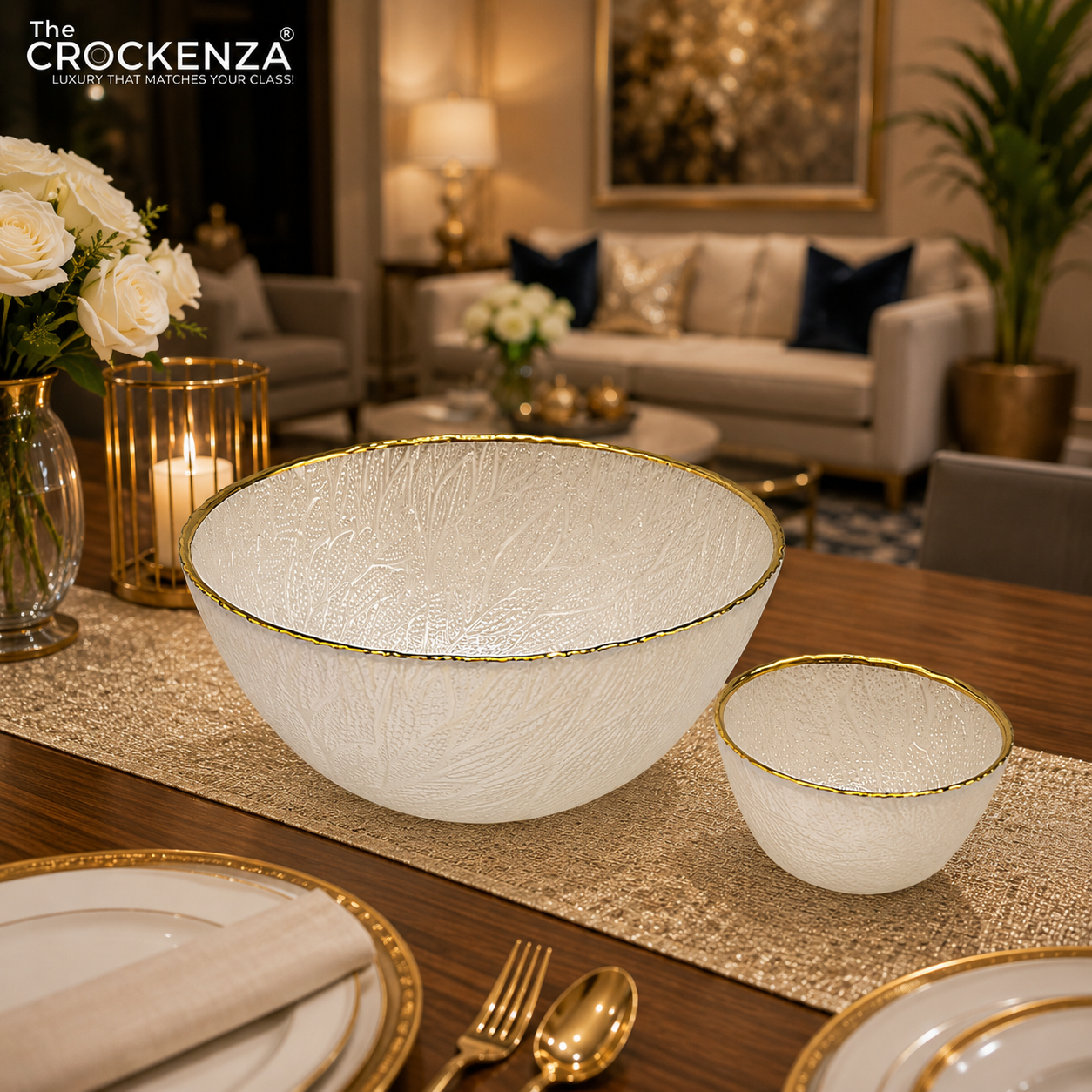 Luxury 7-Piece White Textured Glass Bowl Set with Gold Rim – 1 Large Serving Bowl & 6 Small Bowls