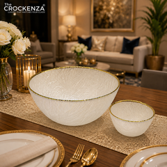 Luxury 7-Piece White Textured Glass Bowl Set with Gold Rim – 1 Large Serving Bowl & 6 Small Bowls