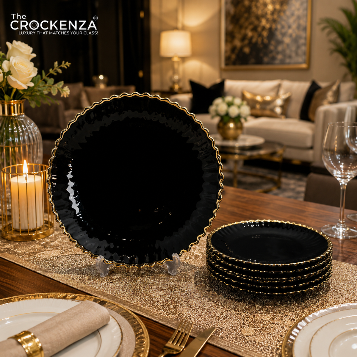 Luxury 7-Piece Black & Gold Glass Cake Set – Premium Scalloped Serving & Dessert Plates
