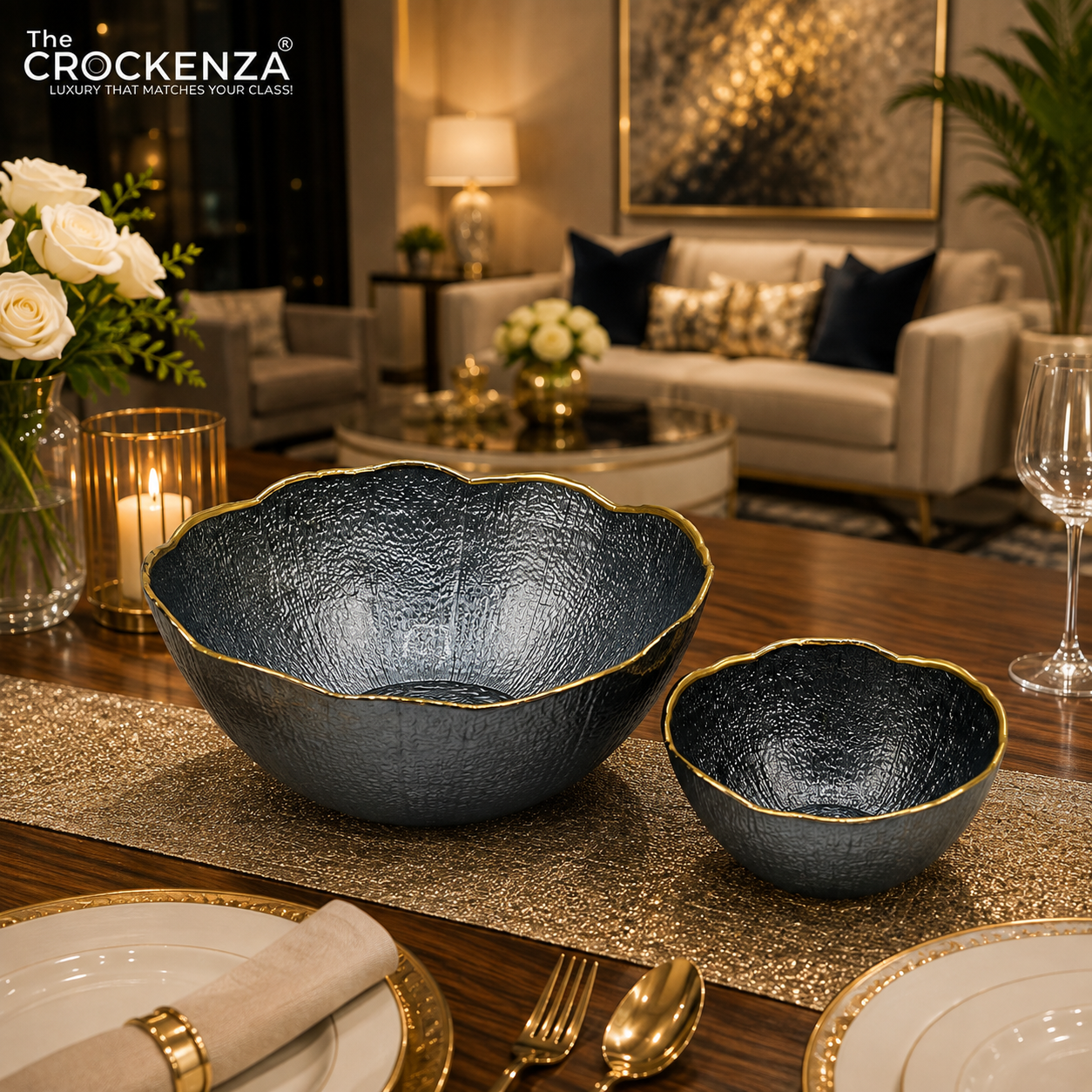 Luxury 7-Piece Deep Blue Textured Glass Bowl Set with Gold Rim – 1 Large & 6 Small Serving Bowls