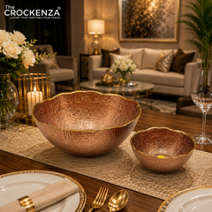 Luxury 7-Piece Rose Gold Textured Glass Bowl Set with Gold Rim – 1 Large & 6 Small Serving Bowls