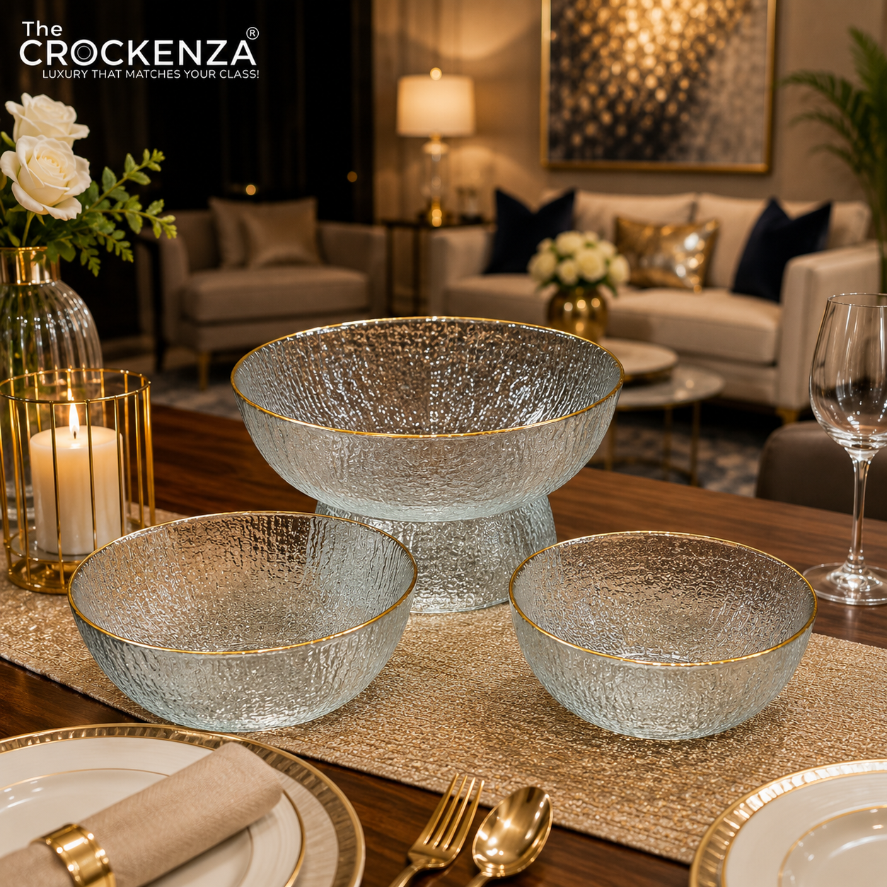 Luxury 7-Piece Clear Textured Glass Bowl Set with Gold Rim – 1 Large & 6 Small Serving Bowls
