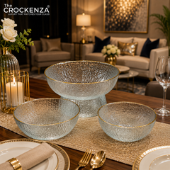 Luxury 7-Piece Clear Textured Glass Bowl Set with Gold Rim – 1 Large & 6 Small Serving Bowls